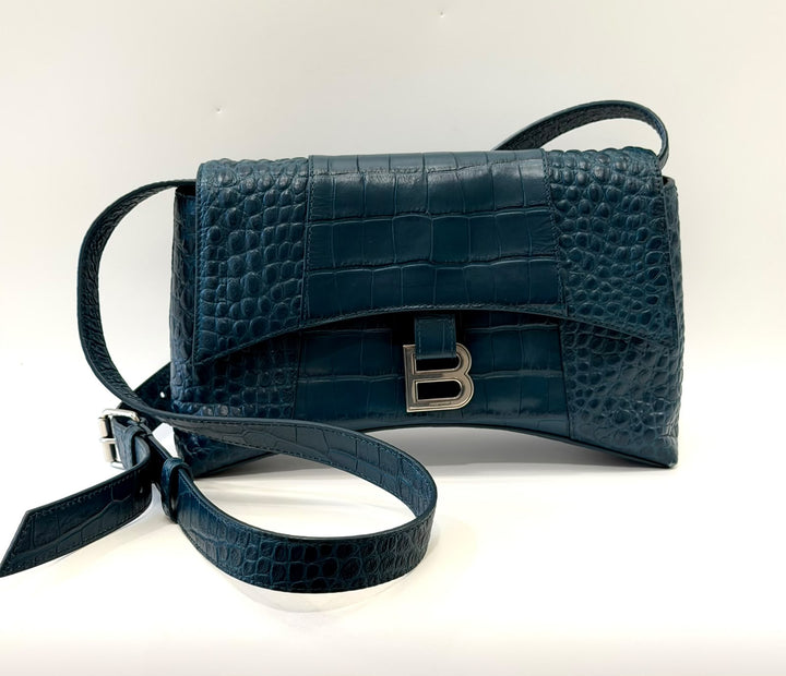 BALENCIAGA BLUE CROC EMBOSSED LEATHER HOURGLASS XS HANDBAG
