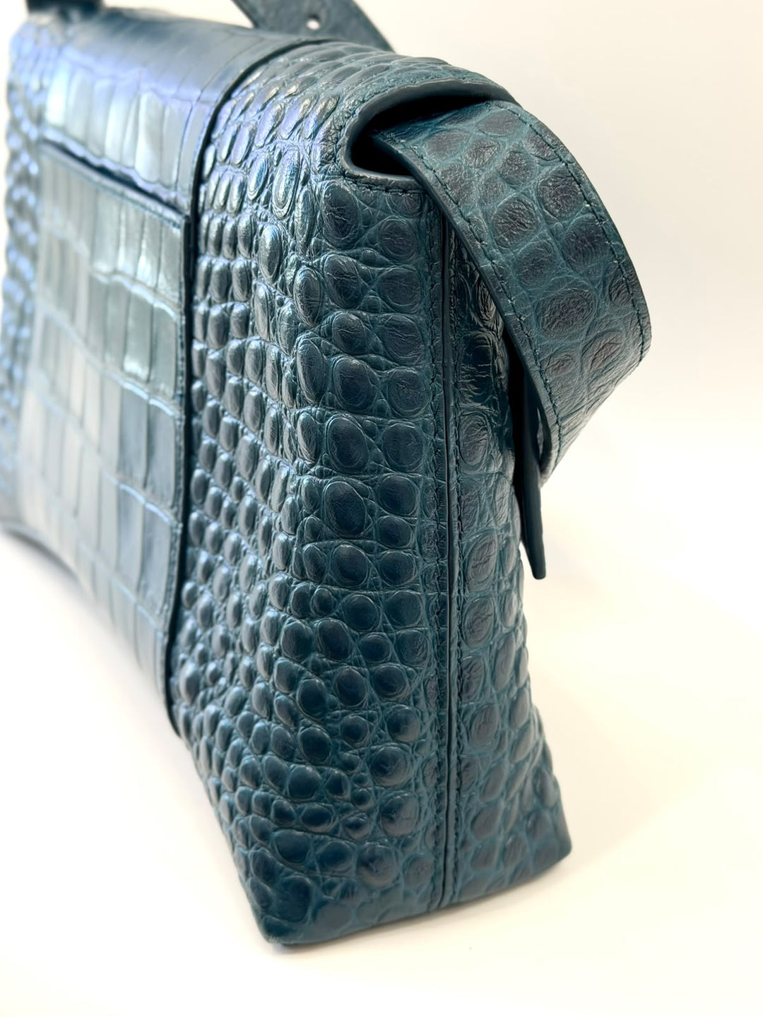 BALENCIAGA BLUE CROC EMBOSSED LEATHER HOURGLASS XS HANDBAG