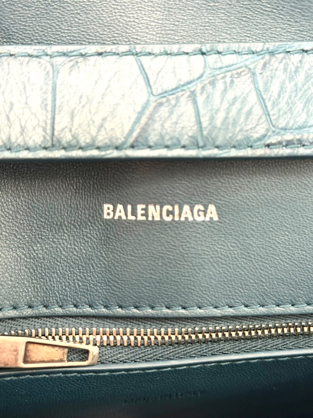 BALENCIAGA BLUE CROC EMBOSSED LEATHER HOURGLASS XS HANDBAG