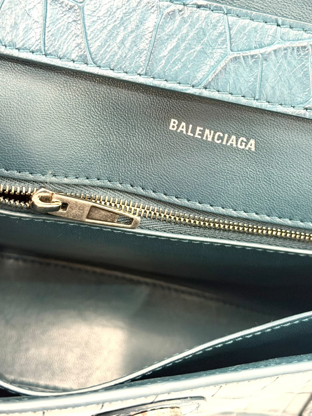 BALENCIAGA BLUE CROC EMBOSSED LEATHER HOURGLASS XS HANDBAG