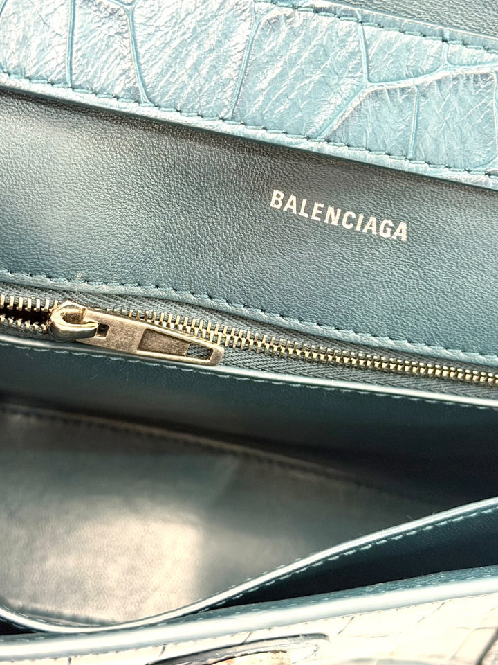 BALENCIAGA BLUE CROC EMBOSSED LEATHER HOURGLASS XS HANDBAG