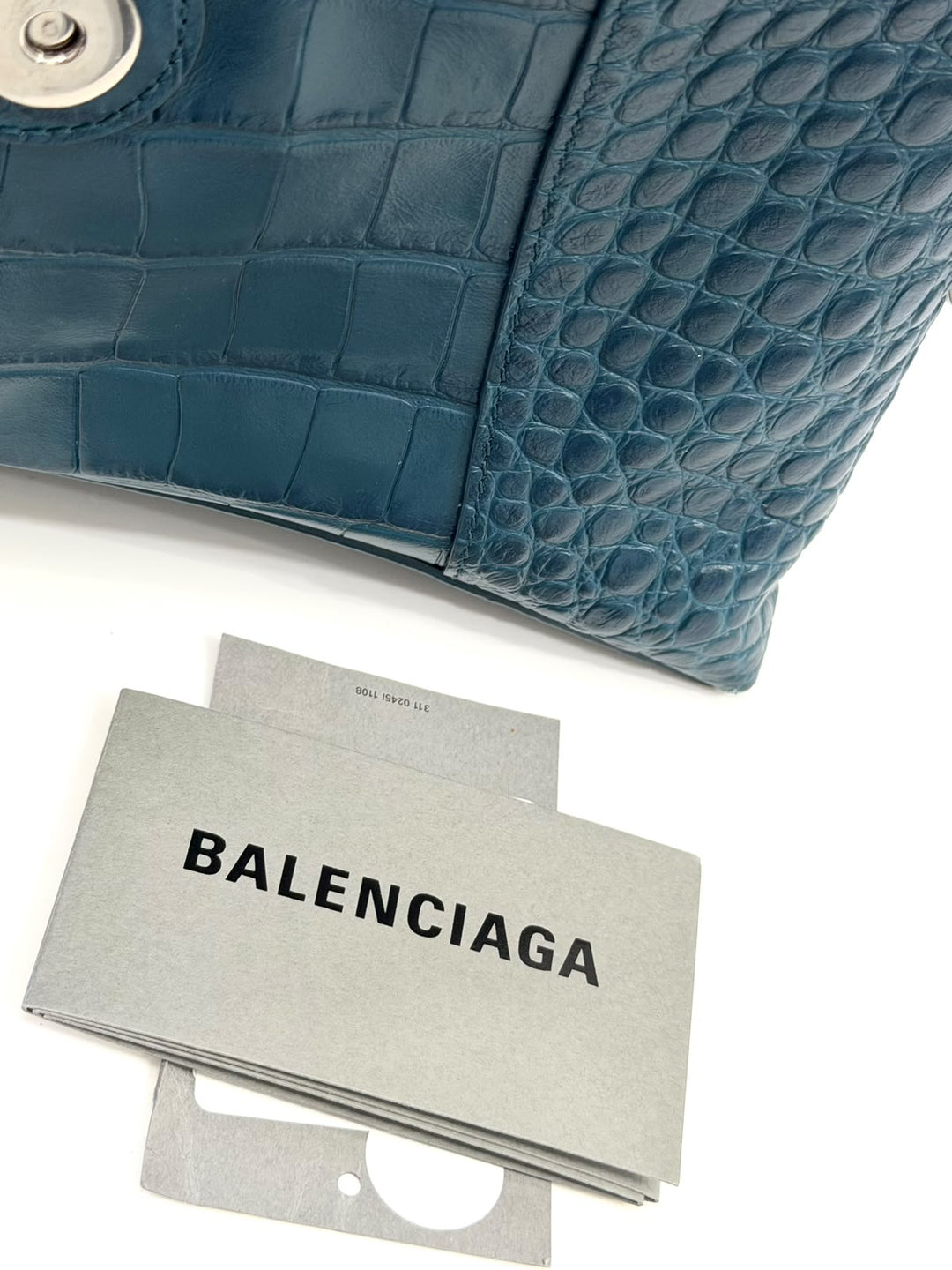 BALENCIAGA BLUE CROC EMBOSSED LEATHER HOURGLASS XS HANDBAG