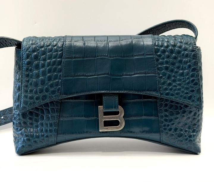 BALENCIAGA BLUE CROC EMBOSSED LEATHER HOURGLASS XS HANDBAG