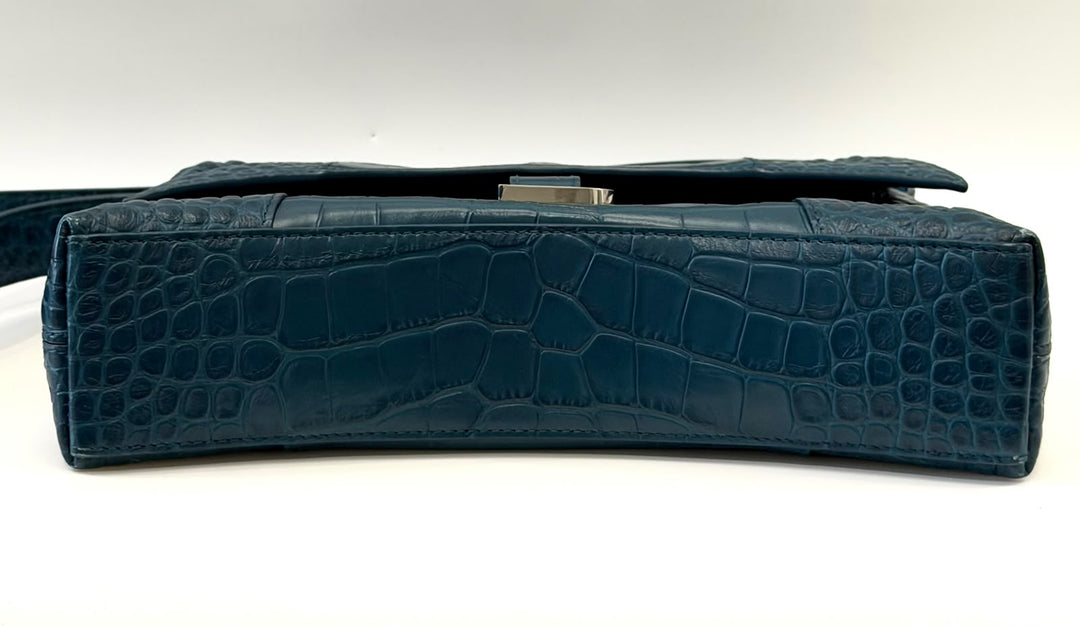 BALENCIAGA BLUE CROC EMBOSSED LEATHER HOURGLASS XS HANDBAG