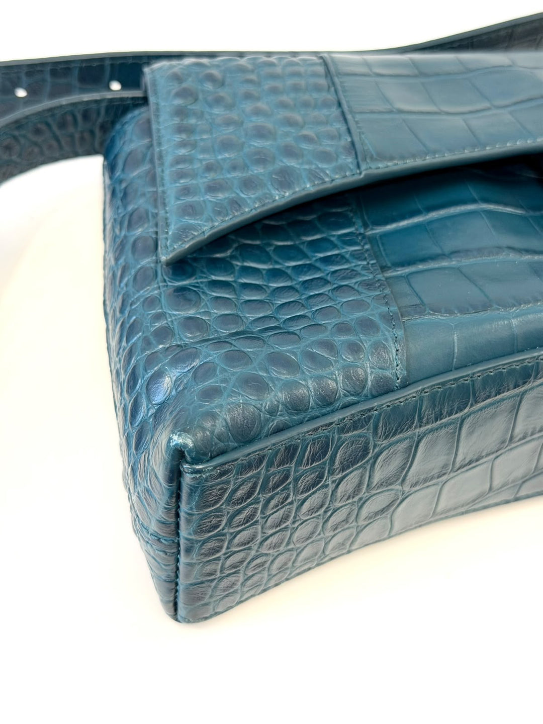 BALENCIAGA BLUE CROC EMBOSSED LEATHER HOURGLASS XS HANDBAG