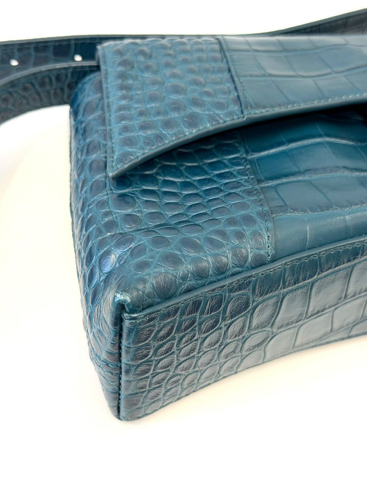 BALENCIAGA BLUE CROC EMBOSSED LEATHER HOURGLASS XS HANDBAG
