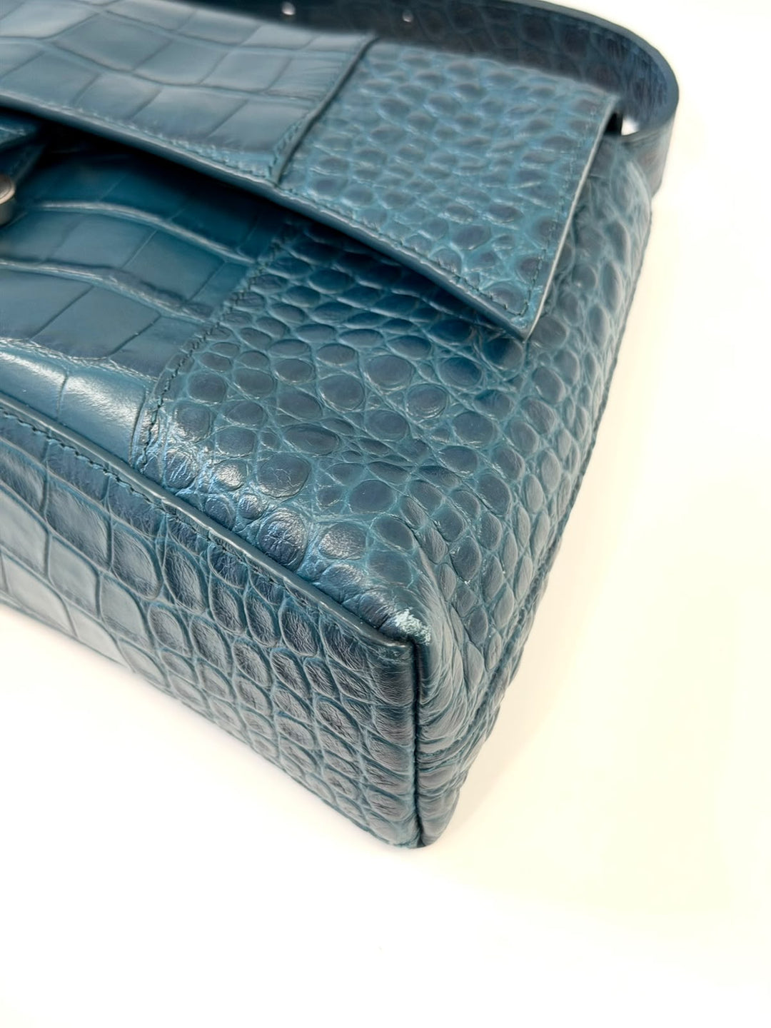BALENCIAGA BLUE CROC EMBOSSED LEATHER HOURGLASS XS HANDBAG