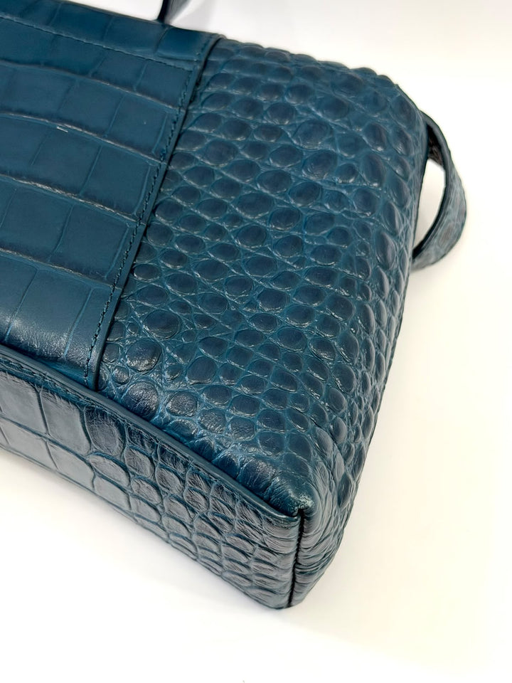 BALENCIAGA BLUE CROC EMBOSSED LEATHER HOURGLASS XS HANDBAG