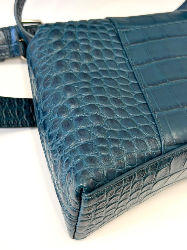 BALENCIAGA BLUE CROC EMBOSSED LEATHER HOURGLASS XS HANDBAG