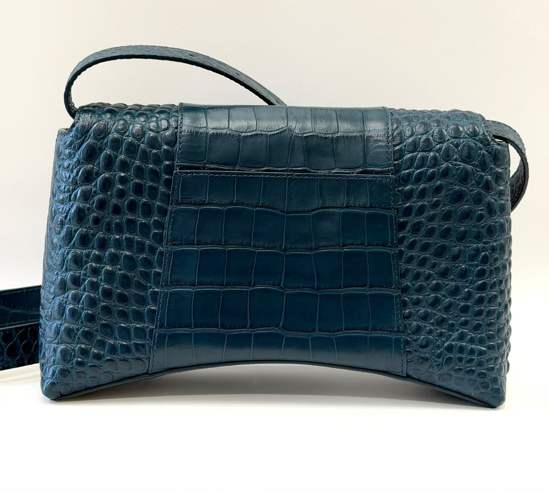 BALENCIAGA BLUE CROC EMBOSSED LEATHER HOURGLASS XS HANDBAG