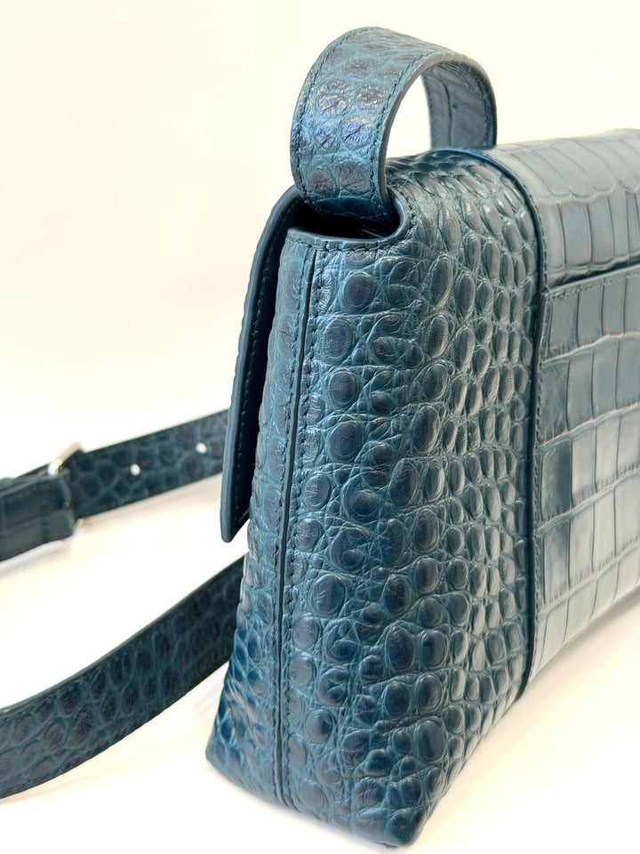 BALENCIAGA BLUE CROC EMBOSSED LEATHER HOURGLASS XS HANDBAG