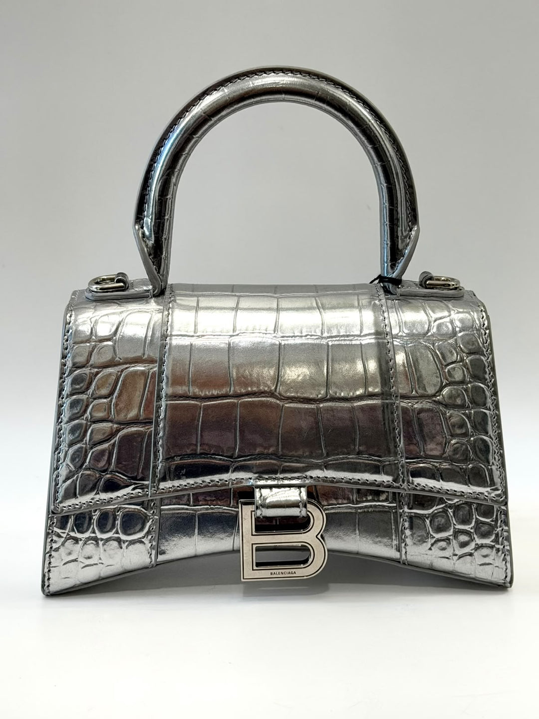 BALENCIAGA CROCODILE EMBOSSED HOURGLASS XS HANDBAG