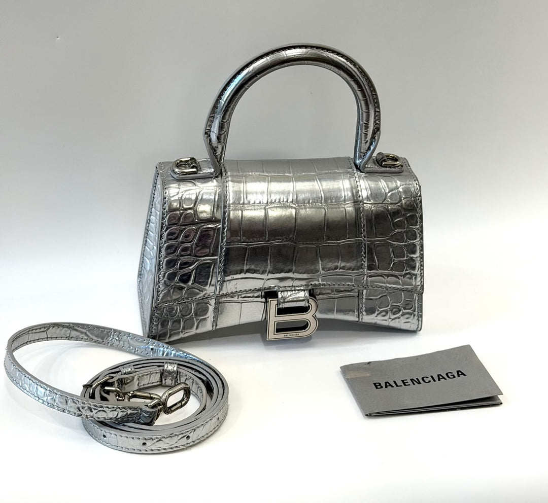 BALENCIAGA CROCODILE EMBOSSED HOURGLASS XS HANDBAG