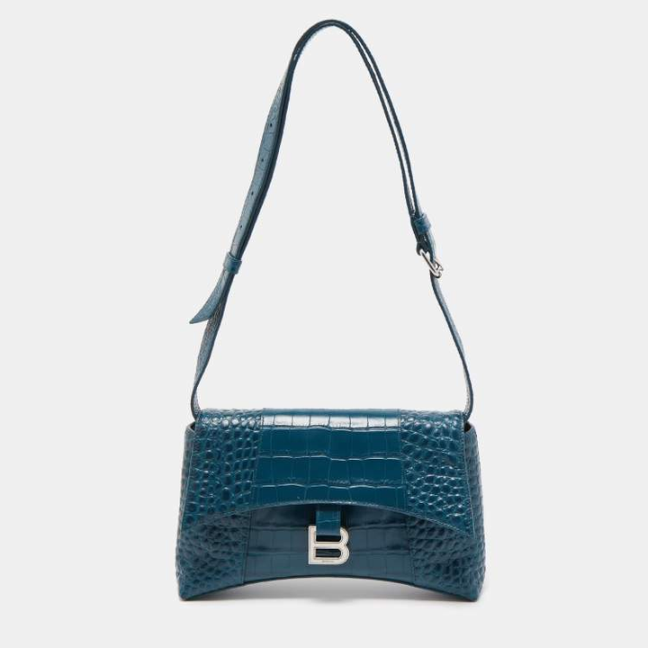 BALENCIAGA BLUE CROC EMBOSSED LEATHER HOURGLASS XS HANDBAG