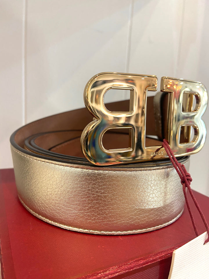 BALLY METALLIC GOLD LOGO BUCKLE LEATHER BELT