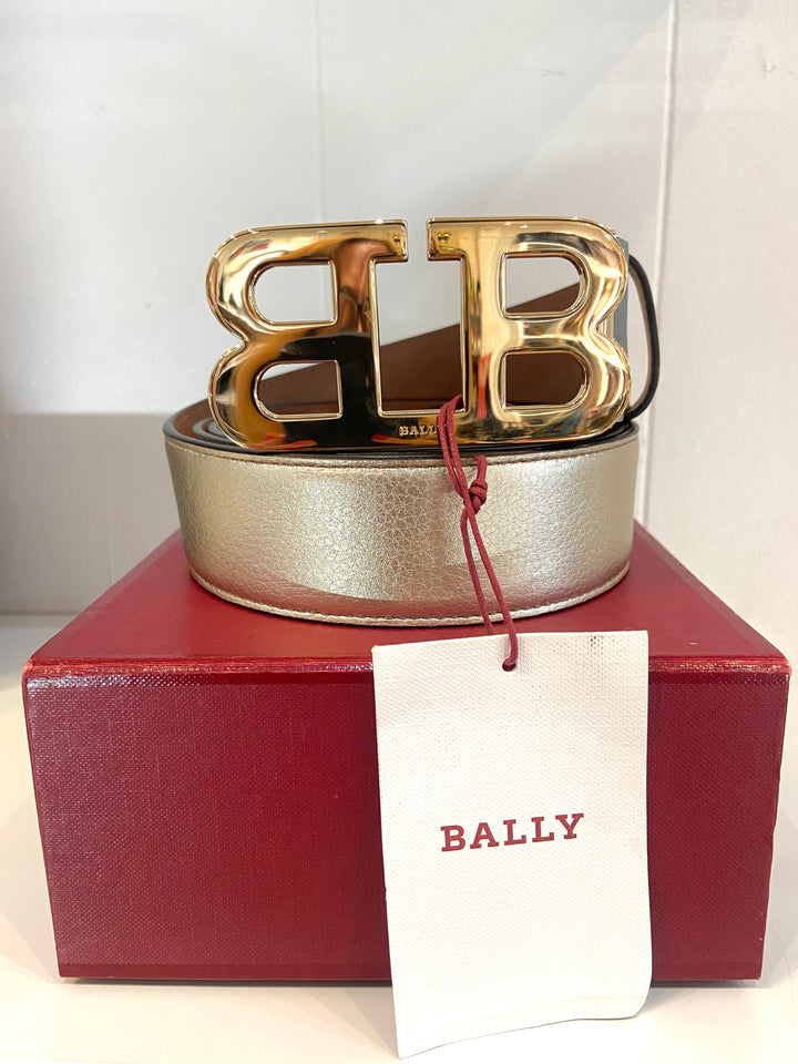 BALLY METALLIC GOLD LOGO BUCKLE LEATHER BELT