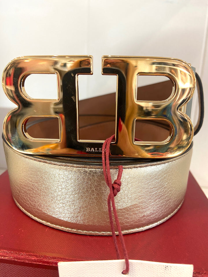 BALLY METALLIC GOLD LOGO BUCKLE LEATHER BELT
