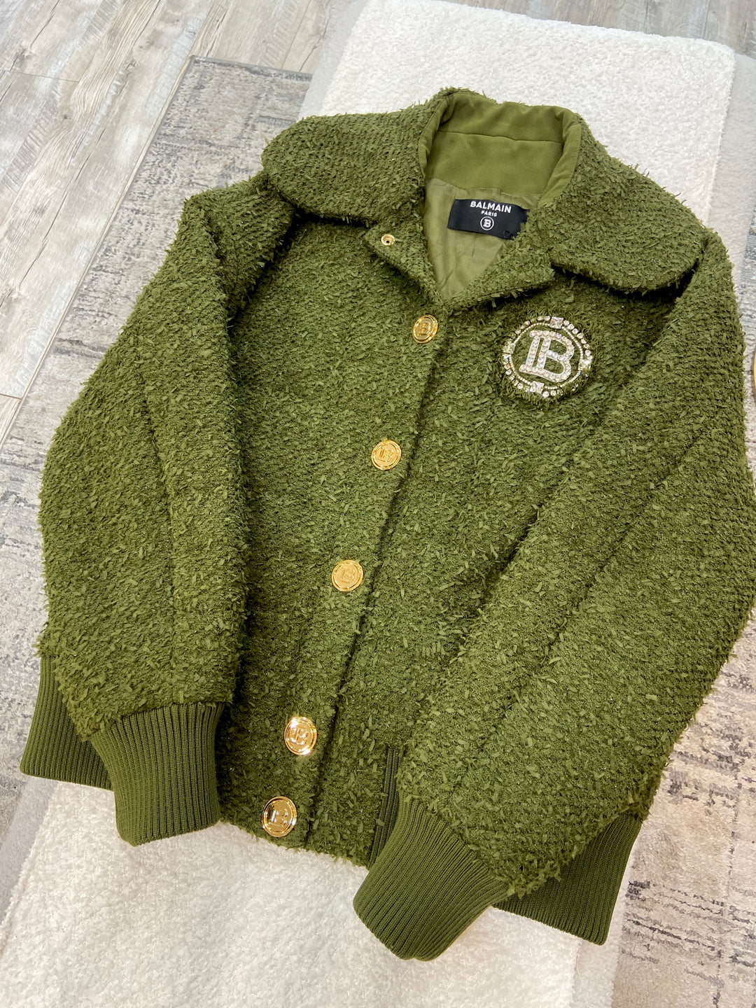 BALMAIN CRYSTAL LOGO QUILTED TWEED JACKET