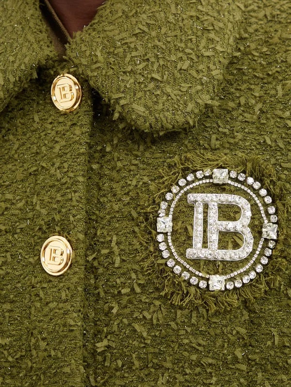BALMAIN CRYSTAL LOGO QUILTED TWEED JACKET