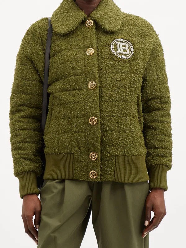 BALMAIN CRYSTAL LOGO QUILTED TWEED JACKET