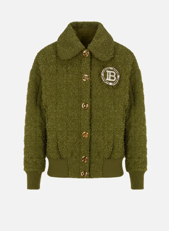 BALMAIN CRYSTAL LOGO QUILTED TWEED JACKET