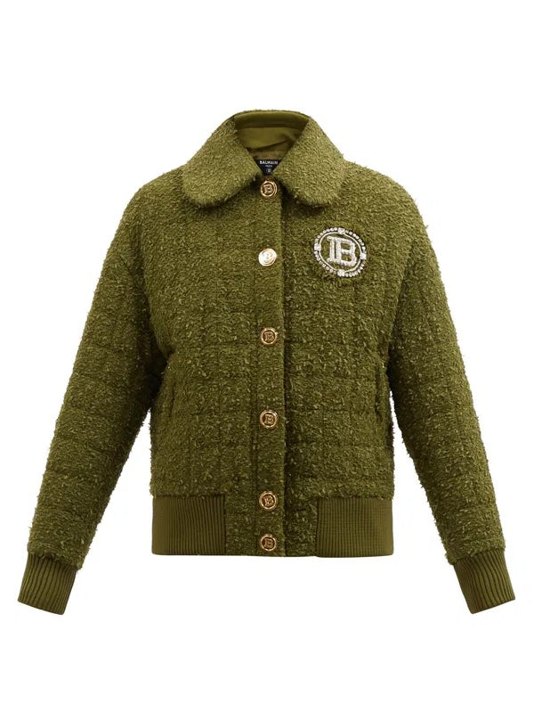 BALMAIN CRYSTAL LOGO QUILTED TWEED JACKET