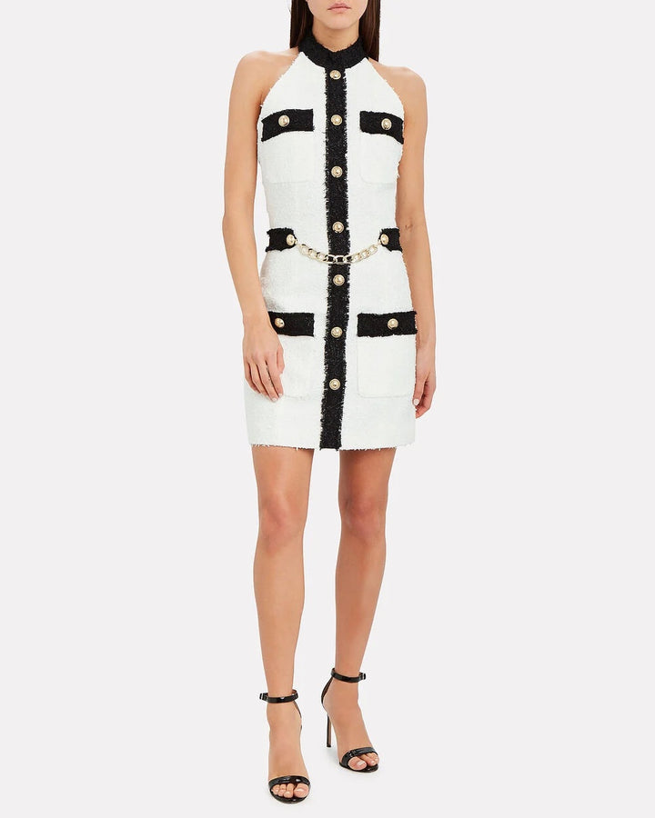 BALMAIN HALTER TWEED MINI DRESS