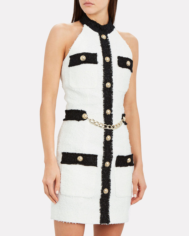 BALMAIN HALTER TWEED MINI DRESS
