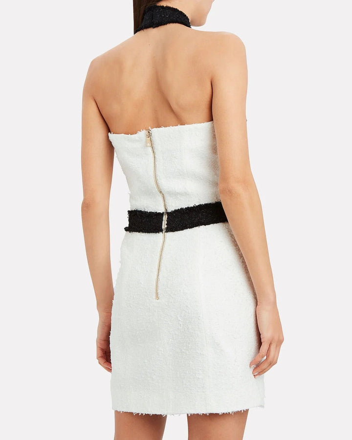 BALMAIN HALTER TWEED MINI DRESS
