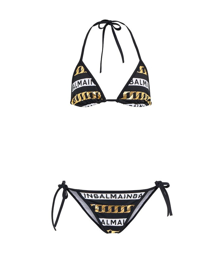 BALMAIN LOGO-PRINT SELF-TIE HALTER NECK BIKINI SWIMSUIT