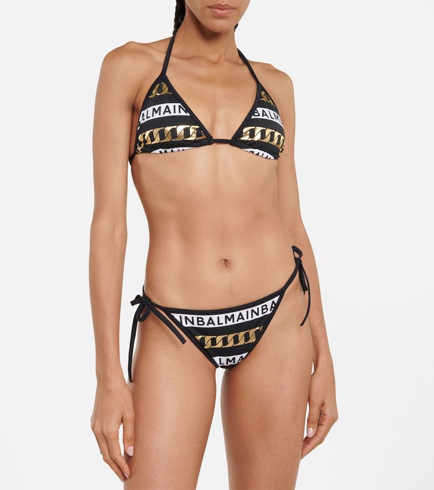 BALMAIN LOGO-PRINT SELF-TIE HALTER NECK BIKINI SWIMSUIT