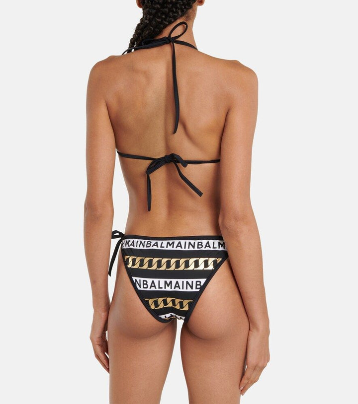 BALMAIN LOGO-PRINT SELF-TIE HALTER NECK BIKINI SWIMSUIT
