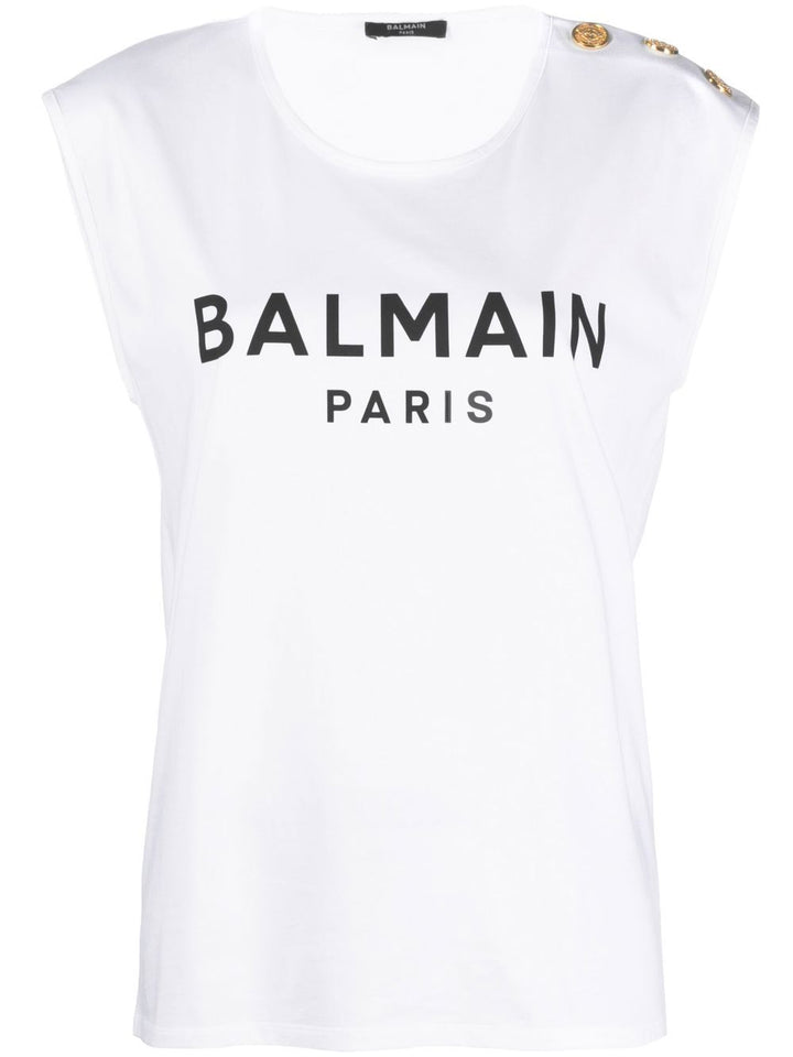 BALMAIN PARIS 3 BUTTON FLOCKED LOGO TANK TOP