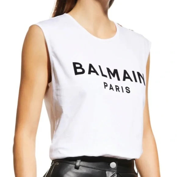 BALMAIN PARIS 3 BUTTON FLOCKED LOGO TANK TOP