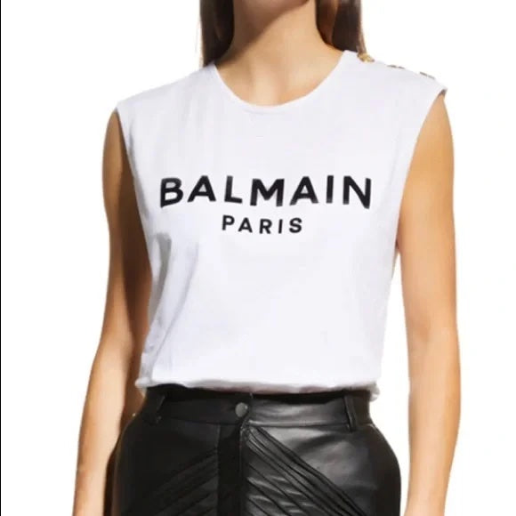 BALMAIN PARIS 3 BUTTON FLOCKED LOGO TANK TOP