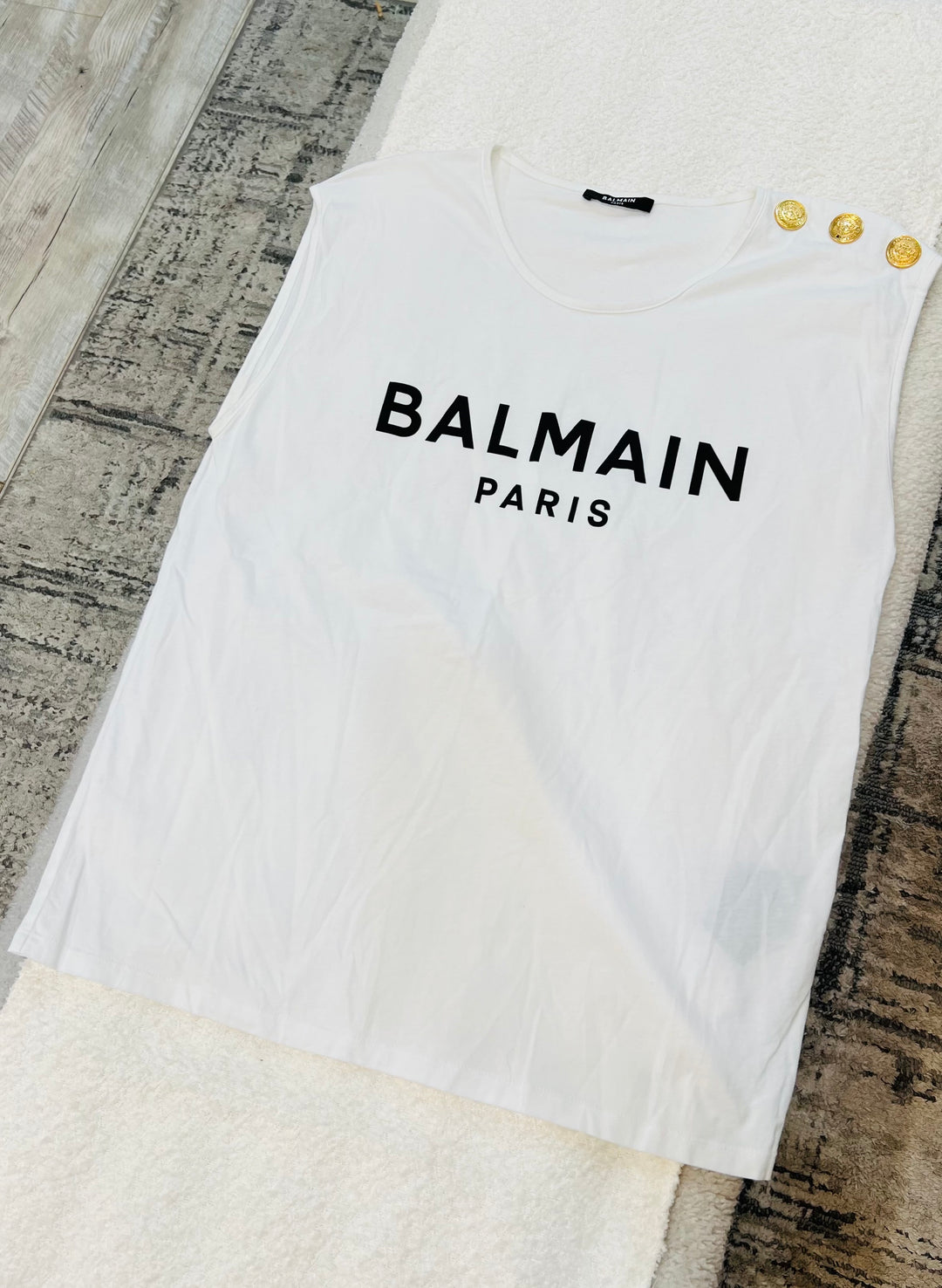 BALMAIN PARIS 3 BUTTON FLOCKED LOGO TANK TOP