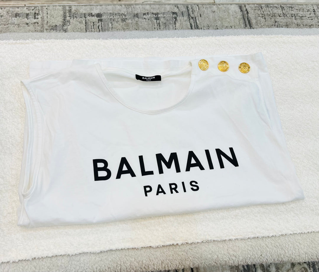 BALMAIN PARIS 3 BUTTON FLOCKED LOGO TANK TOP