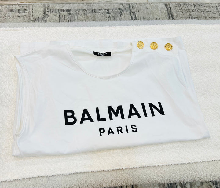 BALMAIN PARIS 3 BUTTON FLOCKED LOGO TANK TOP
