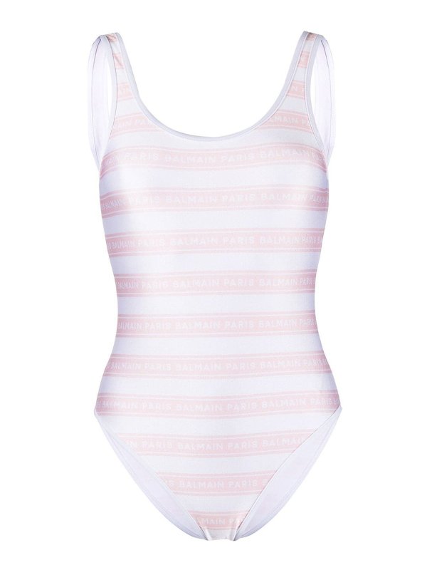 BALMAIN OPEN BACK STRIPED SWIMSUIT