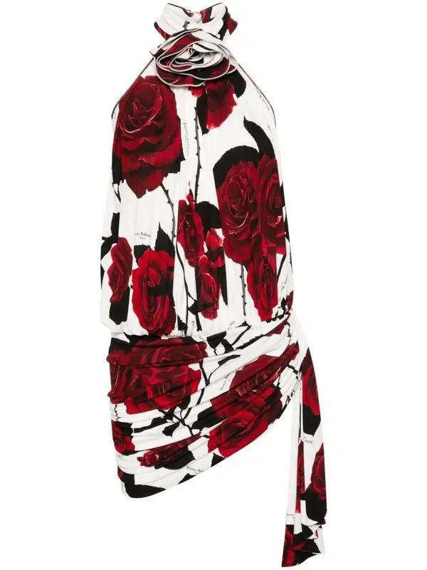 BALMAIN PARIS ROSE PRINT MINI DRESS