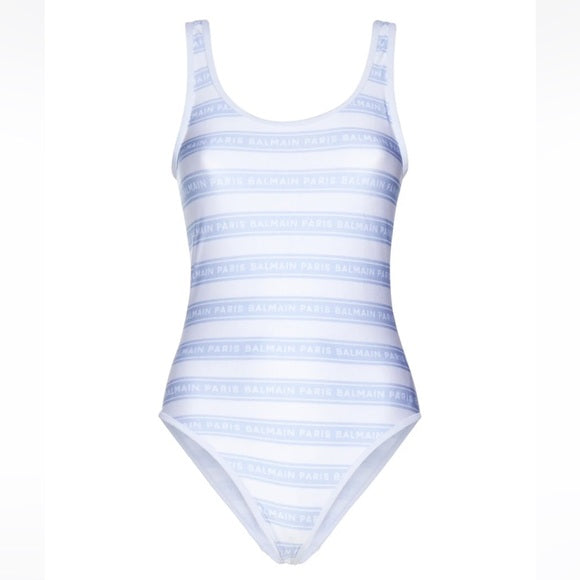 BALMAIN OPEN BACK STRIPED SWIMSUIT