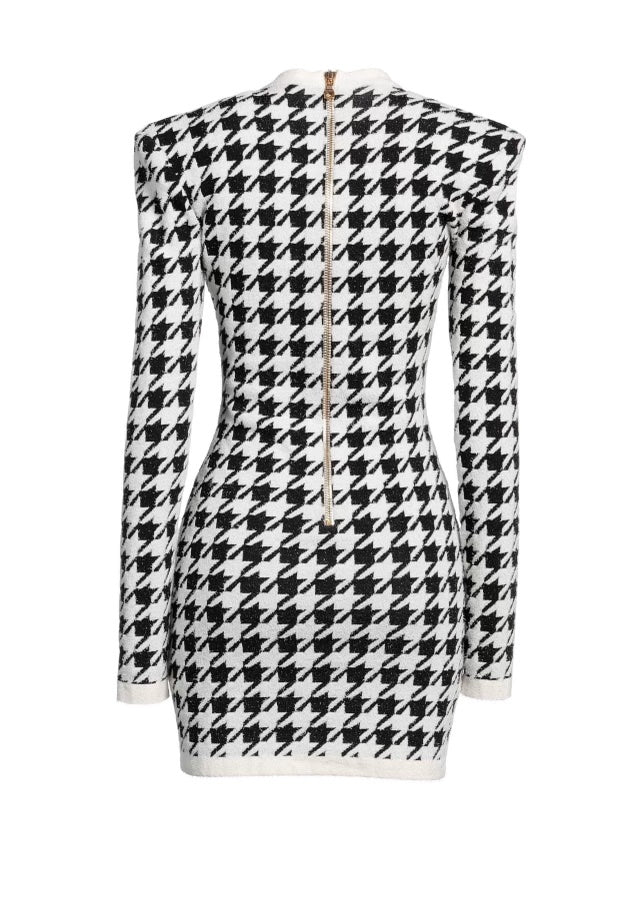 BALMAIN V-NECK HOUNDSTOOTH DRESS