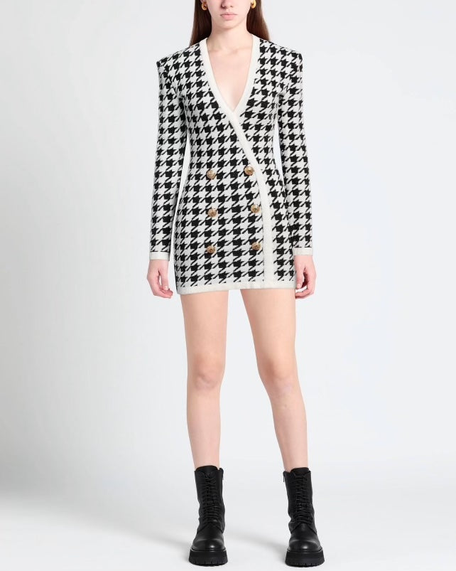 BALMAIN V-NECK HOUNDSTOOTH DRESS