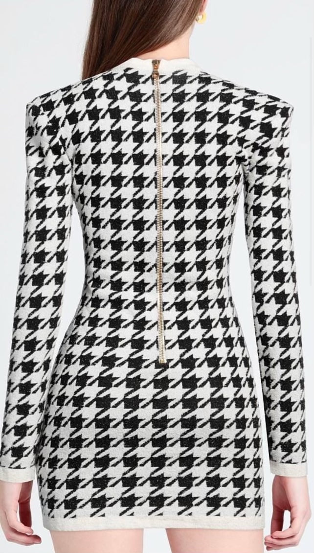 BALMAIN V-NECK HOUNDSTOOTH DRESS
