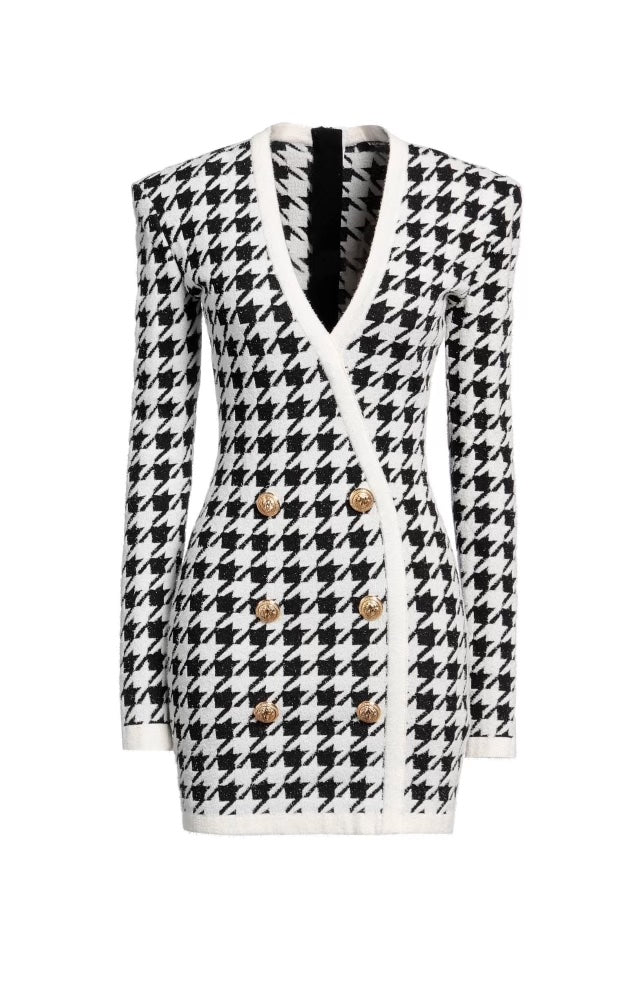 BALMAIN V-NECK HOUNDSTOOTH DRESS