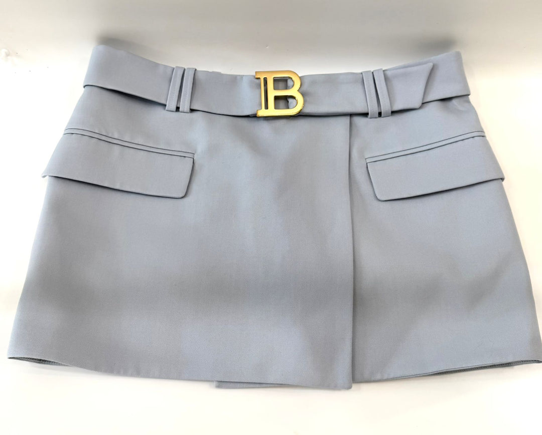 BALMAIN WRAP EFFECT WOOL CREPE MINI SKIRT