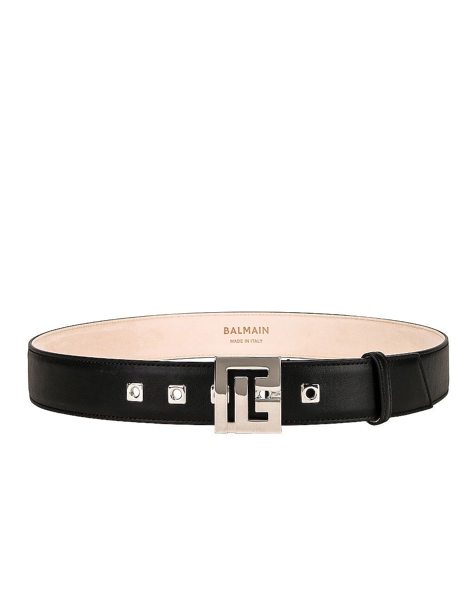 BALMAIN PB CALFSKIN LEATHER BELT IN OPA NOIR