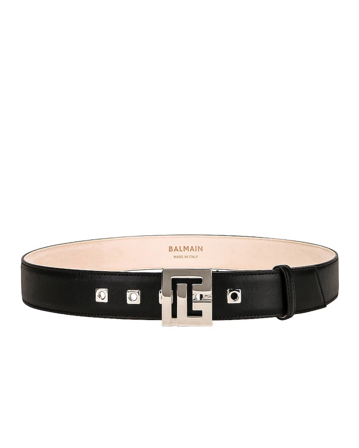 BALMAIN PB CALFSKIN LEATHER BELT IN OPA NOIR