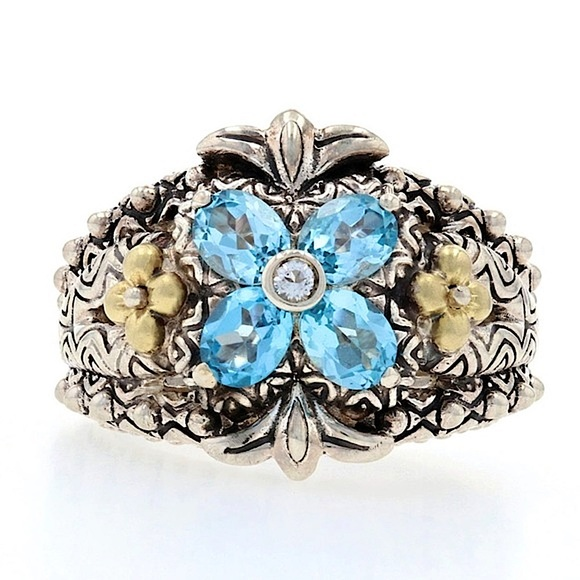 BARBARA BIXBY 18K GOLD &amp; STERLING SILVER BLUE TOPAZ LOTUS RING