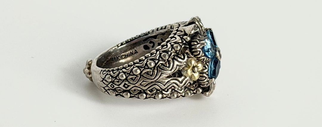 BARBARA BIXBY 18K GOLD &amp; STERLING SILVER BLUE TOPAZ LOTUS RING